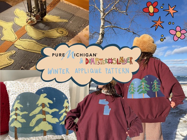A graphic design depicting Madie Loebig posing in the Pure Michigan Sweater and an overlay of the Pure Michigan and Dumpster Slayer logos. 