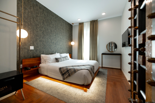 A king size bedroom at the Vault Hotel. 