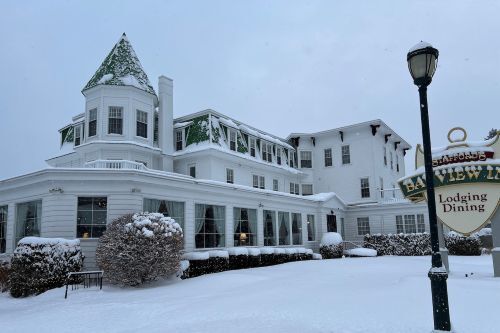 The exterior of the historic Bay View Inn during winter. 