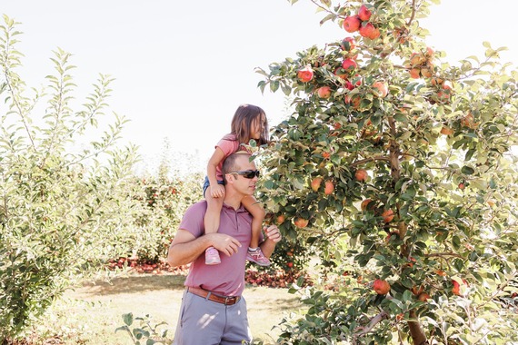 daughter on father's shoulders while apple picking 