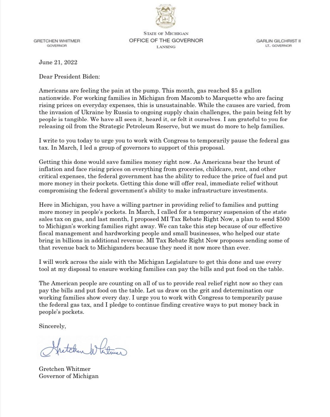Letter to President Biden calling on pause of federal gas tax