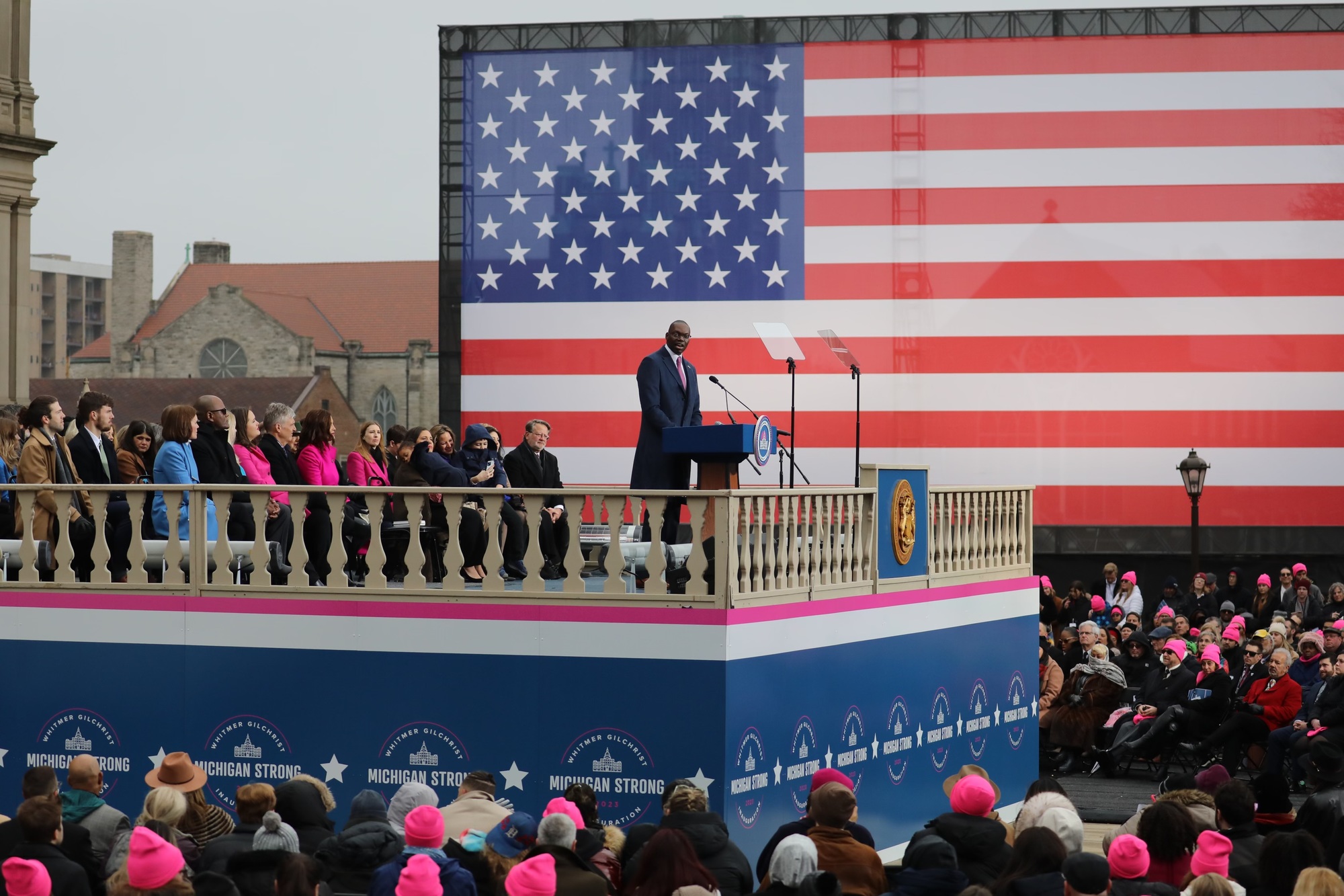 Lieutenant Governor Garlin Gilchrist II addresses the crowd at the inauguration ceremony (wide shot)