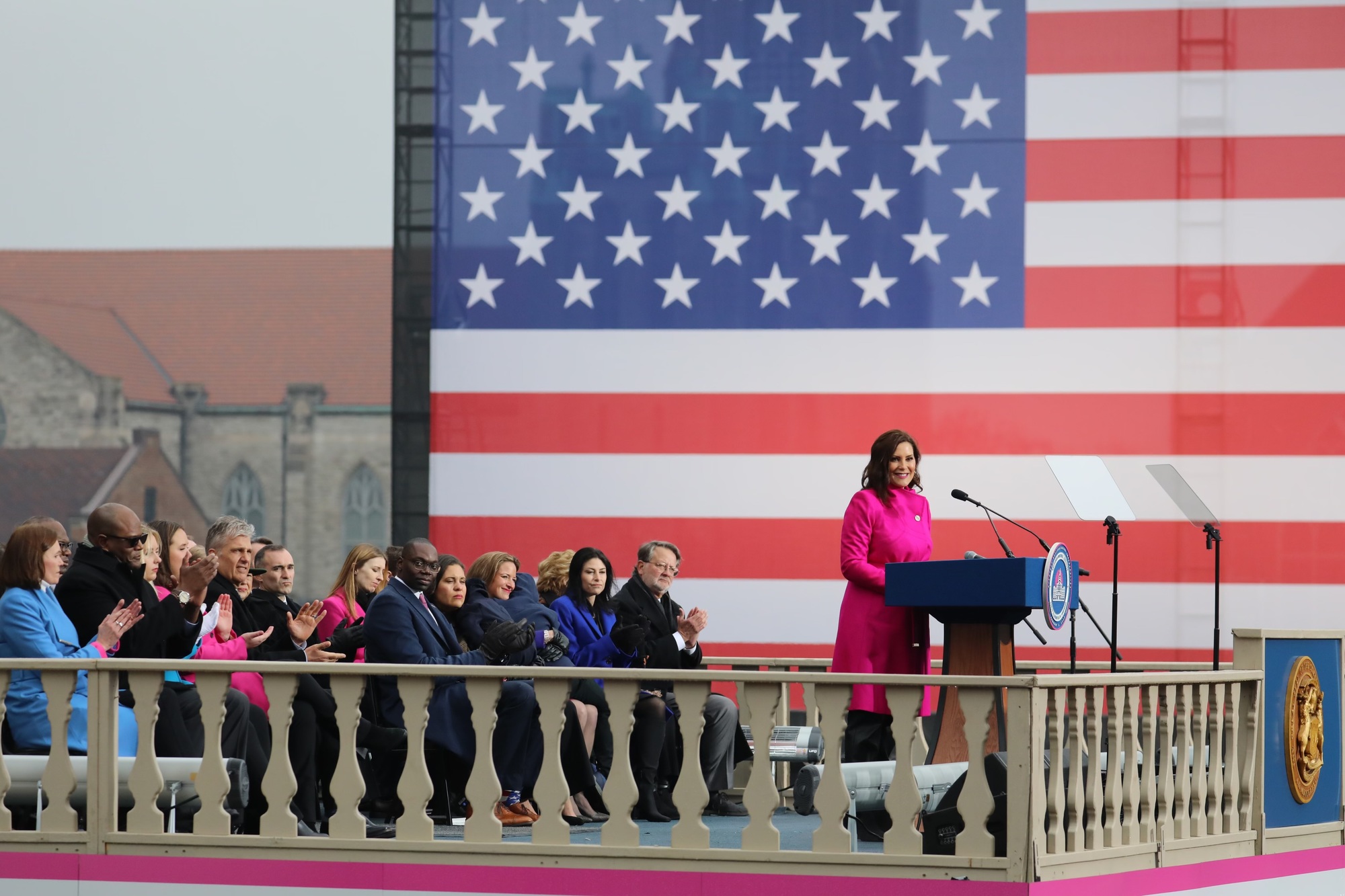 Governor Gretchen Whitmer addresses the crowd at the inauguration ceremony