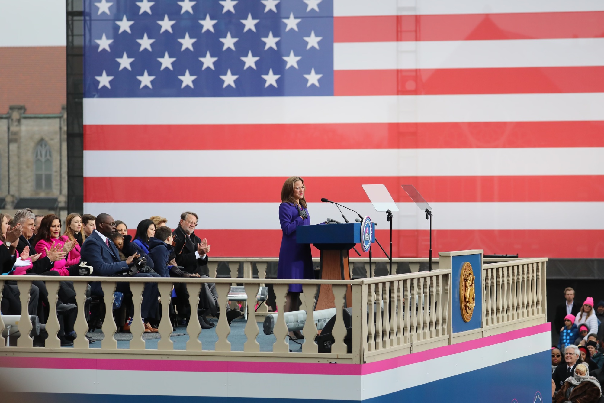 Secretary of State Jocelyn Benson addresses the crowd at the inauguration ceremony