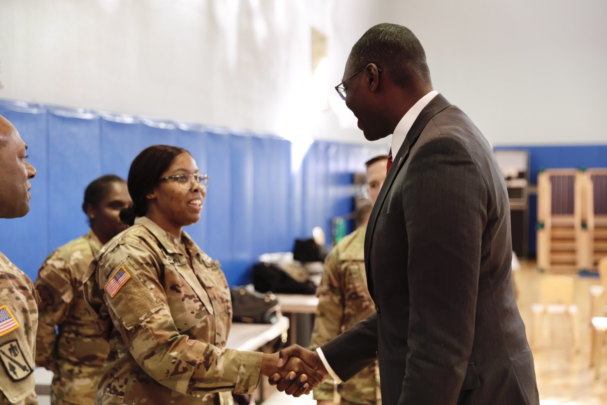 Lt. Governor Gilchrist handshake with Michigan National Guard