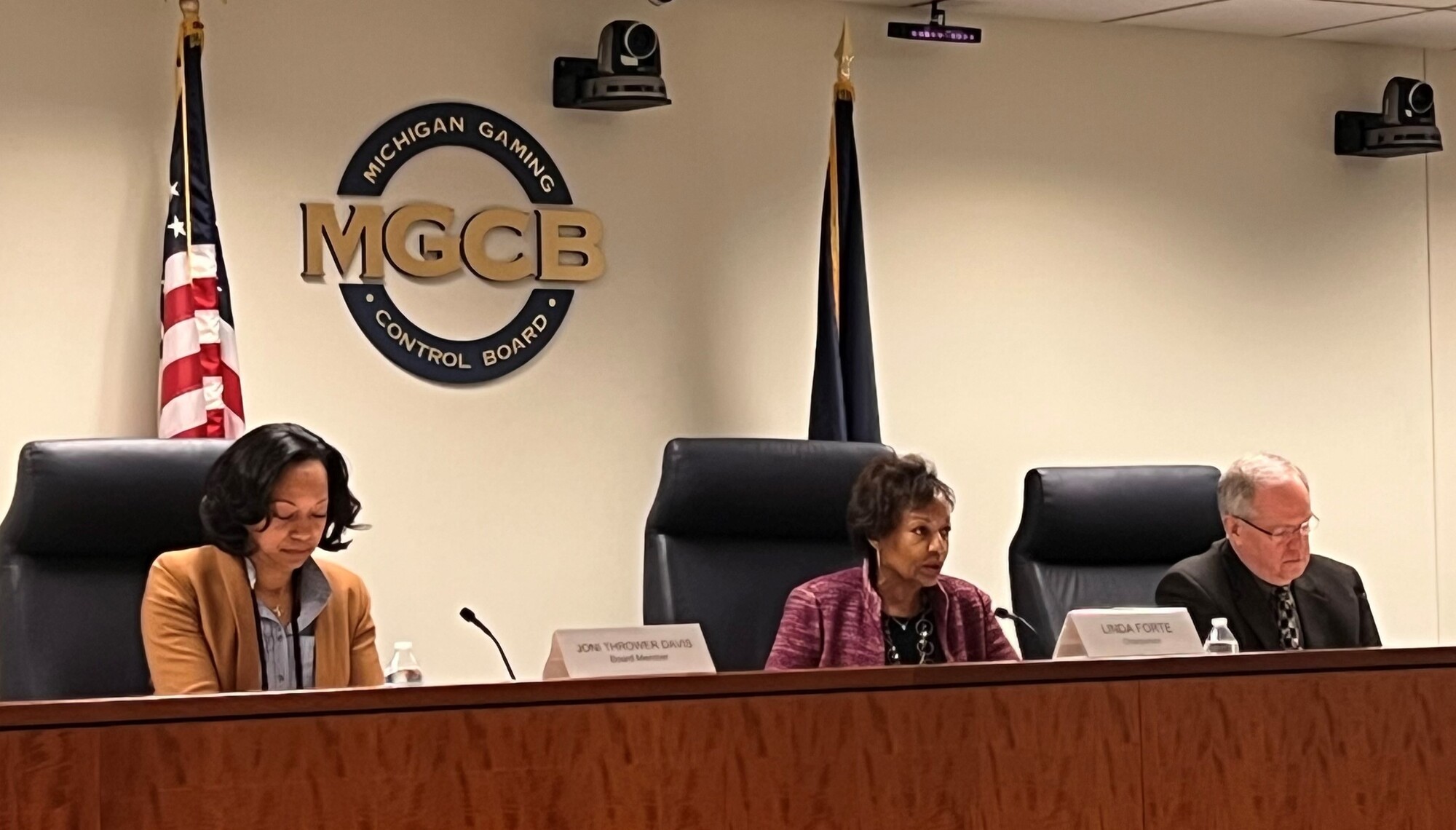 MGCB Board Members Joni M. Thrower Davis, Linda Forte (Chair), and Andrew T. Palms at the MGCB Board Meeting on Tuesday, Jan. 9, 2024.