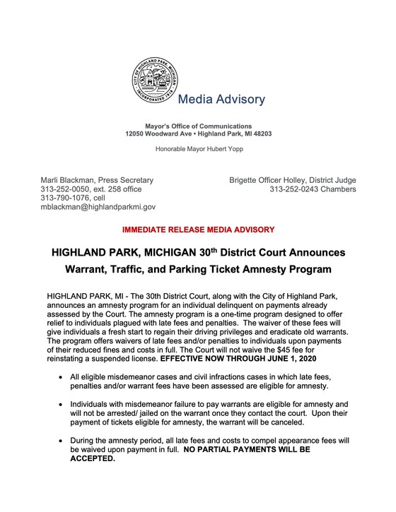 RE: HIGHLAND PARK MICHIGAN 30th District Court Announces Warrant