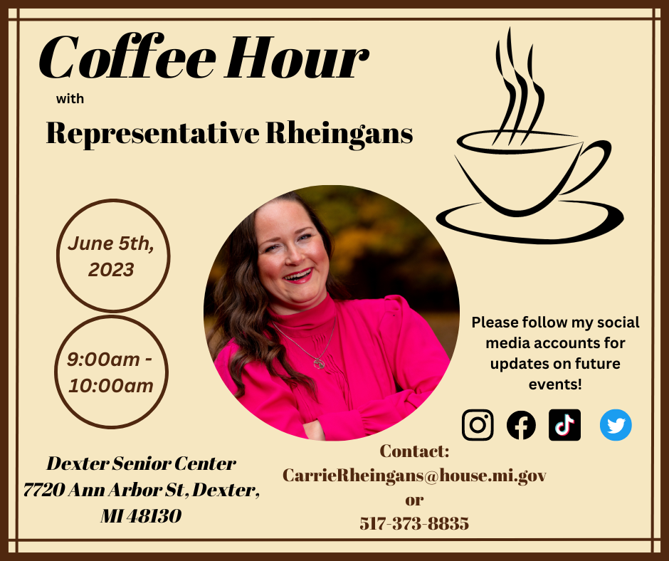 Rep. Rheingans graphic with details regarding her upcoming Coffee Hour event.