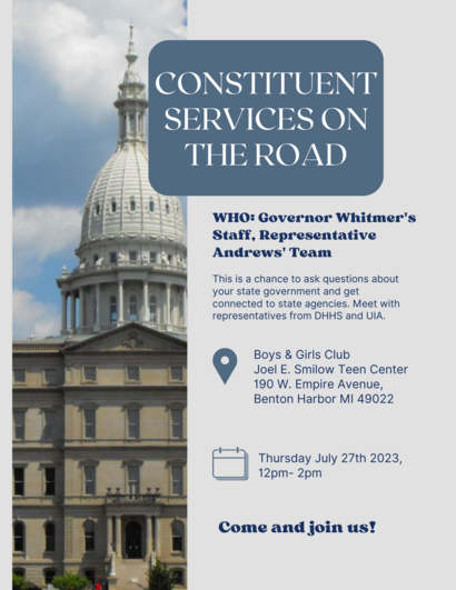 Join Team Andrews and Gov. Whitmer's staff for Constituent Services on the Road!
