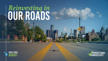 Graphic that reads "Reinvesting in our Roads" over a photograph of downtown Detroit.