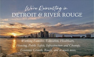 "We're Reinvesting in Detroit & River Rouge" over photograph of Detroit skyline