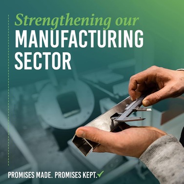 Image of someone doing metal work with a gradient green overlay covering the top with words reading "Strengthening our manufacturing sector."
