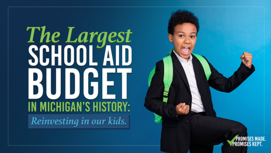 Text reads "The largest school aid budget in Michigan's history: Reinvesting in our kids." A young Black child at right celebrates with a fist pump.