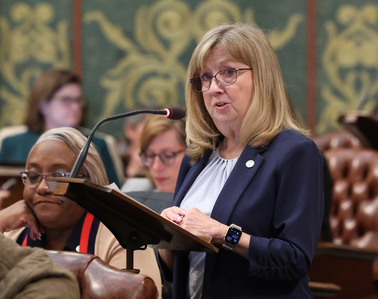 State Rep. Sharon MacDonell (D-Troy) speaks in support of her "Justice for Allie" legislation on Thursday, Oct. 12, 2023, at the Capitol in Lansing.