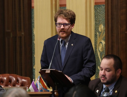 State Rep. Joey Andrews (D-St. Joseph) speaks in favor of his legislation on the floor of the House on Wednesday, Nov. 8, 2023, at the state Capitol in Lansing.