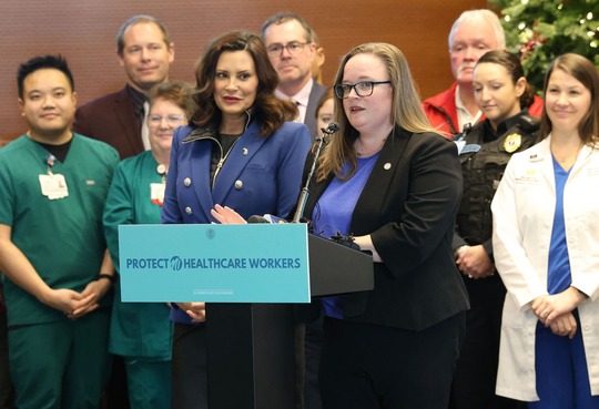 State Rep. Kelly Breen (D-Novi) speaks during the ceremony for the signing of House Bills 4520 and 4521 on Wednesday, Dec. 6, 2023 at Sparrow Hospital in Lansing.