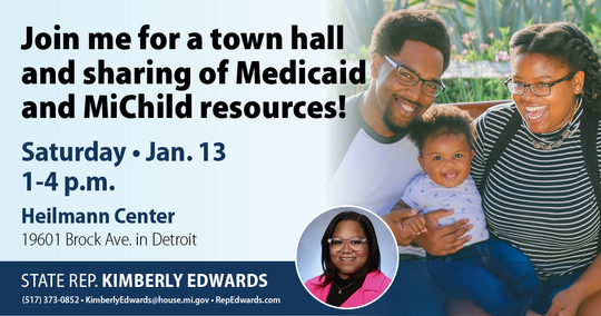 Infographic about Rep. Edwards' Medicaid town hall and resource fair on January 13 from 1-4 p.m. at Heilmann Recreation Center.