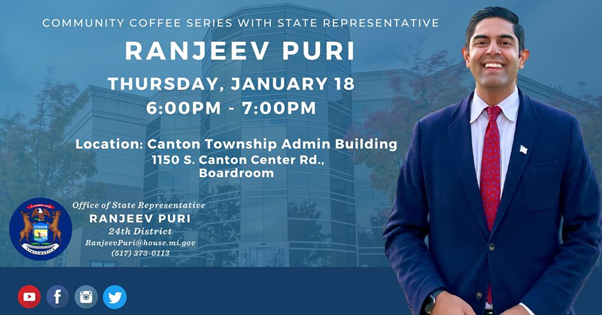 Infographic with photo of Rep. Puri and details about his January 18 coffee hour.