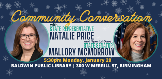 Infographic inviting constituents to Rep. Price's community conversation with Sen. Mallory McMorrow in Birmingham.