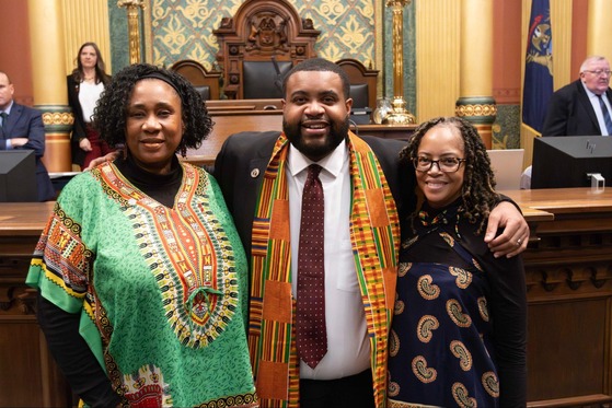 Reps. Young, McKinney and Whitsett on the House floor wearing Black History Month Attire. Feb. 2024. 
