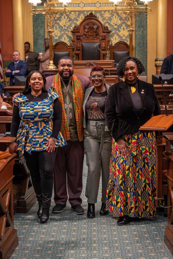 Reps. Grant, McKinney, Neeley and Young on the House Floor in African inspired attire for Black History Month, Feb. 2024. 
