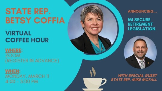 A graphic with details about Rep. Coffia's virtual coffee hour.