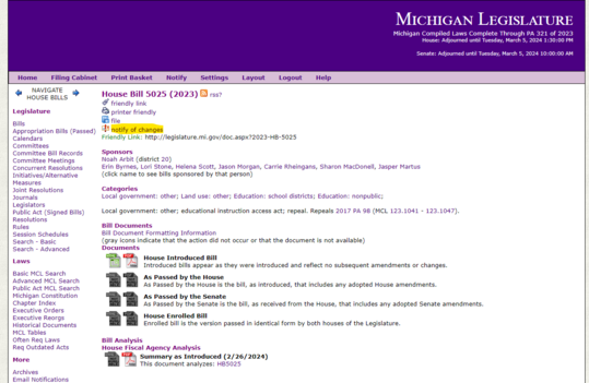 A screen capture of the Michigan Legislature website showing where to click to receive updates on individual bills.