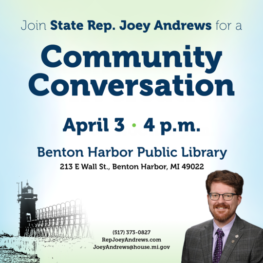 A graphic containing information on Rep. Andrews' upcoming coffee hour in Benton Harbor.