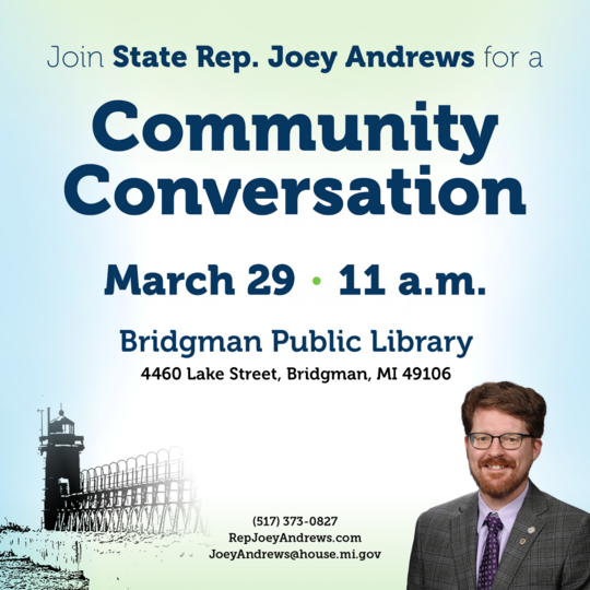 A graphic with information about Rep. Andrews' coffee hour tomorrow in Bridgman.