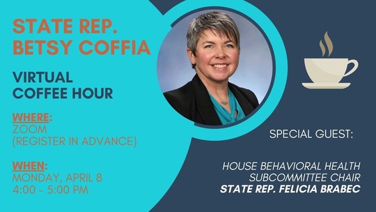A graphic with details for Rep. Coffia's upcoming virtual coffee hour.