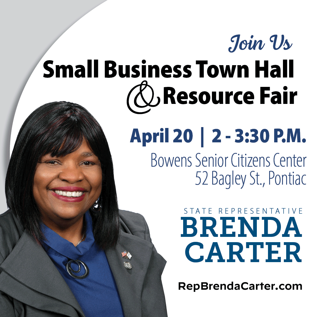 A graphic with details for Rep. Brenda Carter's Small Business Town Hall and Resource Fair.