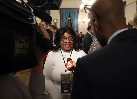 State Rep. Brenda Carter (D-Pontiac), speaks with reporters after the State of the State Address on the House Floor, Jan. 21.