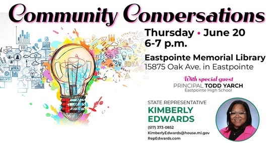 Graphic inviting constituents to a community conversation with state Rep. Kimberly Edwards. Details below.