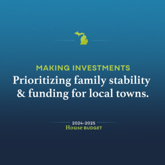 Graphic with a silhouette of Michigan at the top and text reading, “Making investments prioritizing family stability & funding for local towns.”