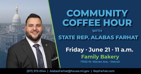 Graphic inviting constituents to a community conversation with state Rep. Alabas Farhat. Details below.