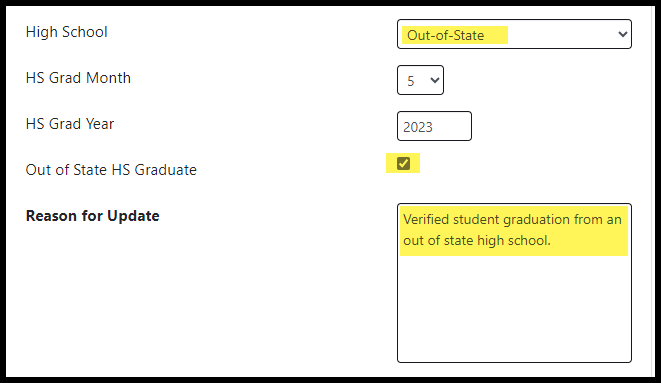 Screenshot of MiSSG System student app updating hs to out of state selecting check box for out of state hs graduate providing reason for update.png