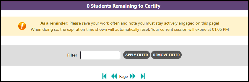 MiSSG screenshot of zero students remaining to certify