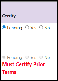 Screenshot of missg certification pending must certify prior terms