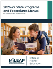 2026-27 State Manual for Aid Professionals with image of adult reading book with a student and the MiLEAP and Office of Higher Education logo
