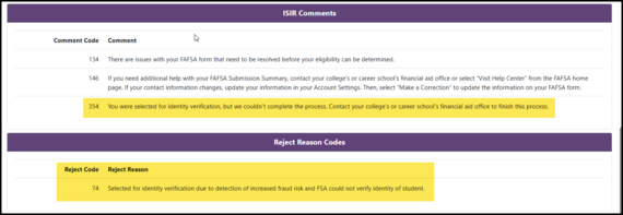ISIR Comment code showing identity verification in MiSSG