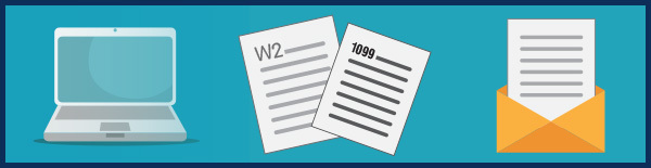 Graphic of Laptop and W2 form and 1099 Form and an envelope