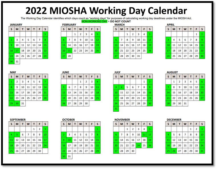 MIOSHA Working Day Calendar