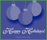 Graphic of Blue Ornaments saying Happy Holidays