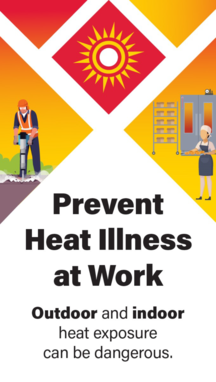 Image shows illustrations of workers working in heat and says to "act now to prevent heat illness at work"