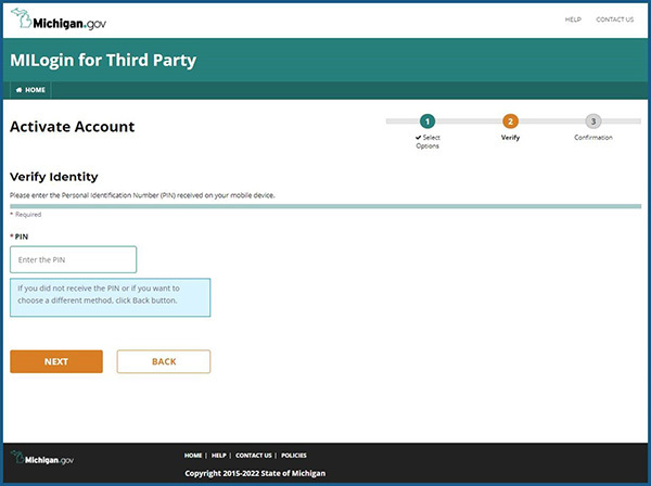 MiLogin for Third Party Activate Account verification screen