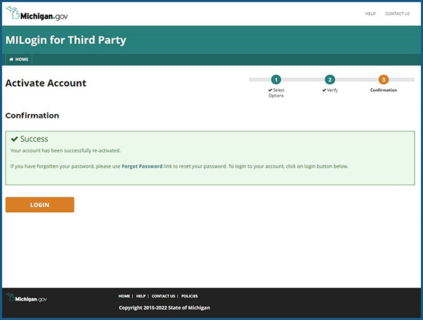 MiLogin for Third Party Account Reactivation confirmation screen