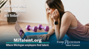 MiTalent.org graphic with woman browsing on laptop