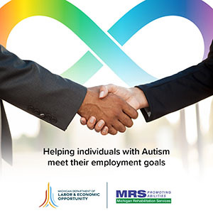 Autism Acceptance Month graphic with two hands shaking