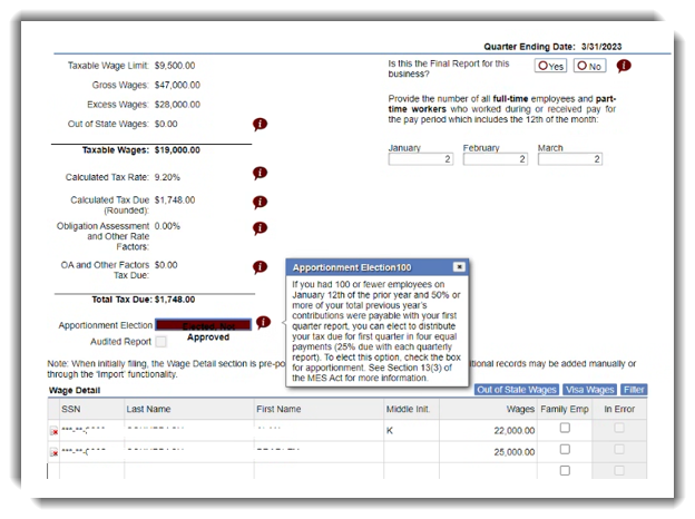 Apportionment screen