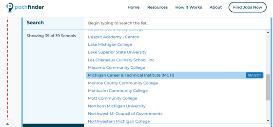 Pathfinder school search with Michigan Career & Technical Institute highlighted
